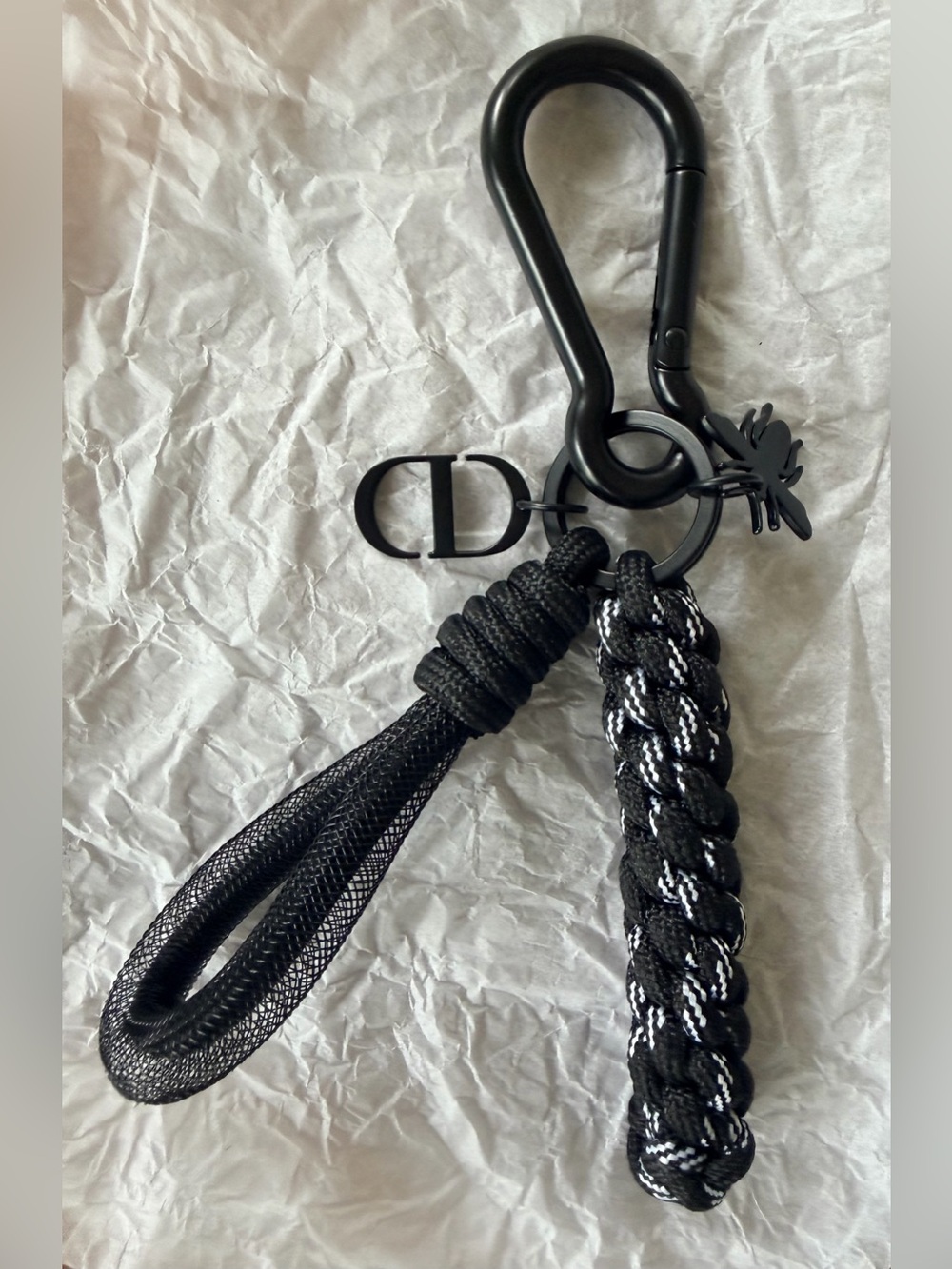 NEW in Box Dior Black Bee & CD Bag charm/Key Ring w Black Netted & Rope Loops